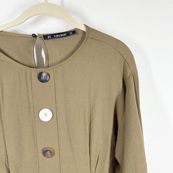ZARA Khaki Pleated Dress with Buttons Size M‎ Green Long Sleeve Tunic Length NWT - Picture 3 of 15